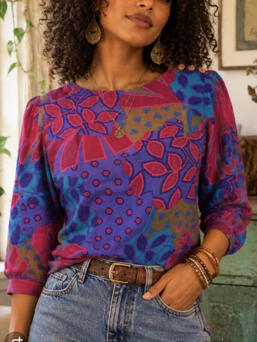 Vintage  Floral Print Blouse - Casual Statement Top size Small